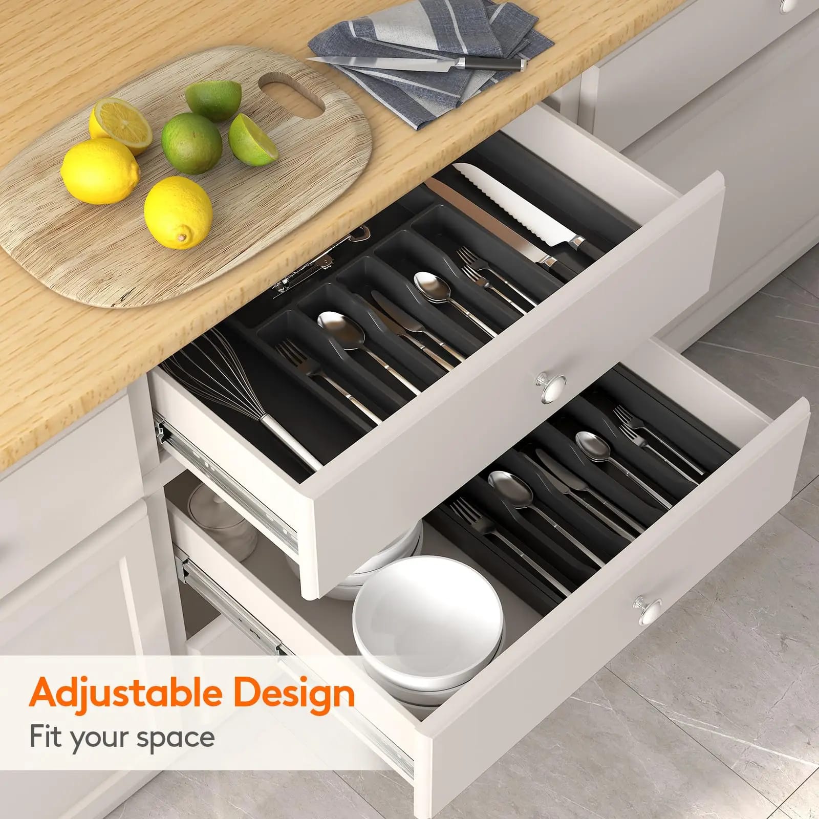 Expandable Cutlery Drawer Organizer – BPA-Free Hard Plastic Utensil Tray for Kitchen Drawers – Adjustable Design, Available in Grey, Black & White