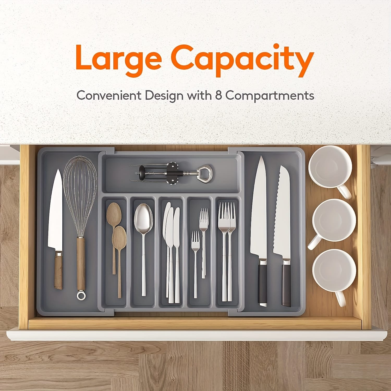 Expandable Cutlery Drawer Organizer – BPA-Free Hard Plastic Utensil Tray for Kitchen Drawers – Adjustable Design, Available in Grey, Black & White