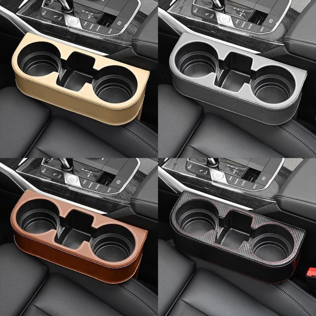 Universal Car Seat Gap Organizer with Double Cup Holders & Phone Holder | Multi-functional Vehicle Console Storage Box with Leather Cover