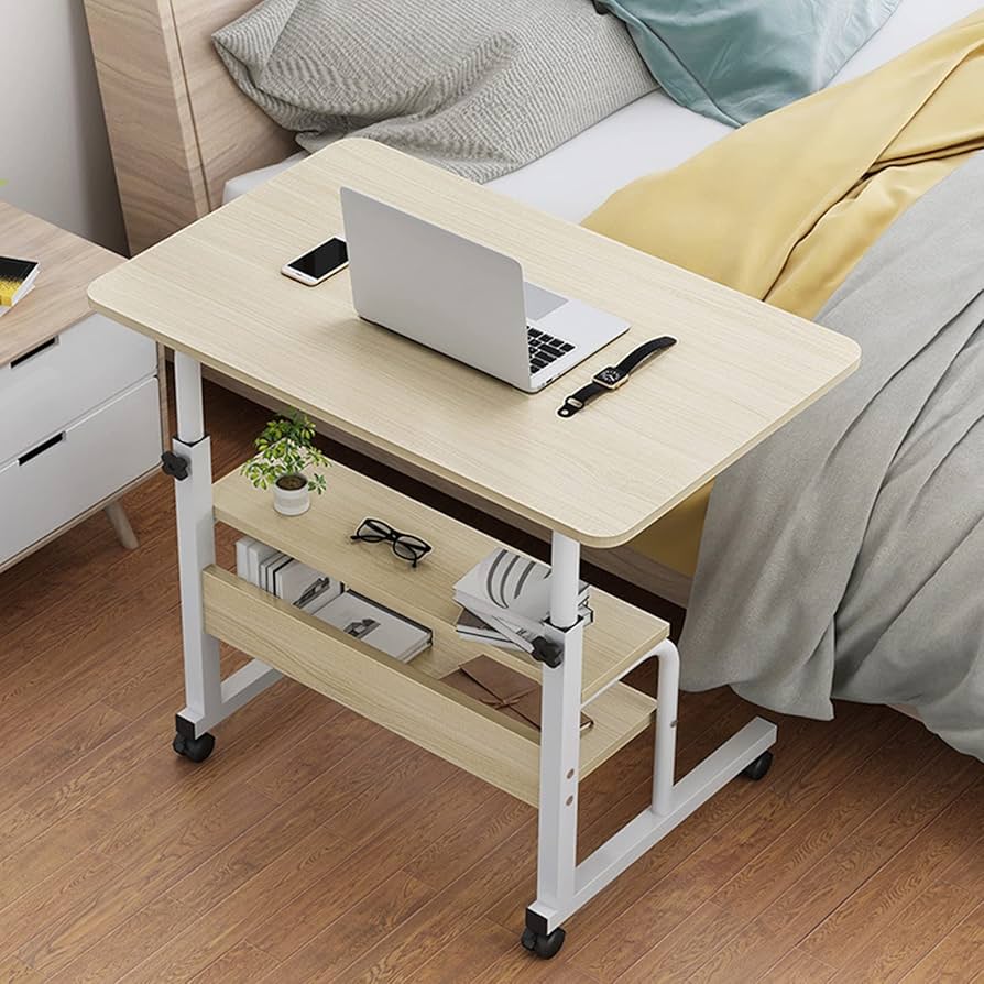 Pre-Assembled Adjustable Laptop Table with Wheels, Height Adjustable Rolling Study and Breakfast Table, 60 × 45 cm