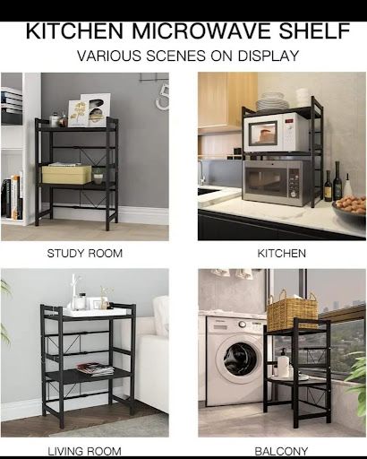 Double Layer Heavy-Duty Adjustable Microwave Oven Rack, Carbon Steel Kitchen Countertop Organizer, Rust-Free Expandable Microwave Stand