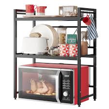 Double Layer Heavy-Duty Adjustable Microwave Oven Rack, Carbon Steel Kitchen Countertop Organizer, Rust-Free Expandable Microwave Stand