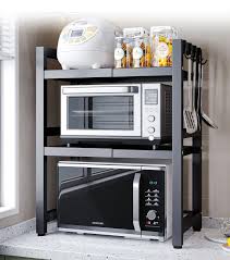 Double Layer Heavy-Duty Adjustable Microwave Oven Rack, Carbon Steel Kitchen Countertop Organizer, Rust-Free Expandable Microwave Stand