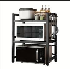 Double Layer Heavy-Duty Adjustable Microwave Oven Rack, Carbon Steel Kitchen Countertop Organizer, Rust-Free Expandable Microwave Stand