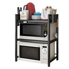Double Layer Heavy-Duty Adjustable Microwave Oven Rack, Carbon Steel Kitchen Countertop Organizer, Rust-Free Expandable Microwave Stand