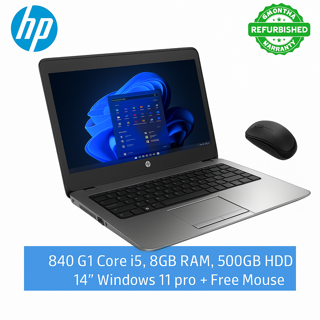 HP Refurbished Laptop Elitebook 840 G1 Core I5, 8GB RAM, 500GB HDD 14" Windows 11 pro plus free rechargeable wireless mouse