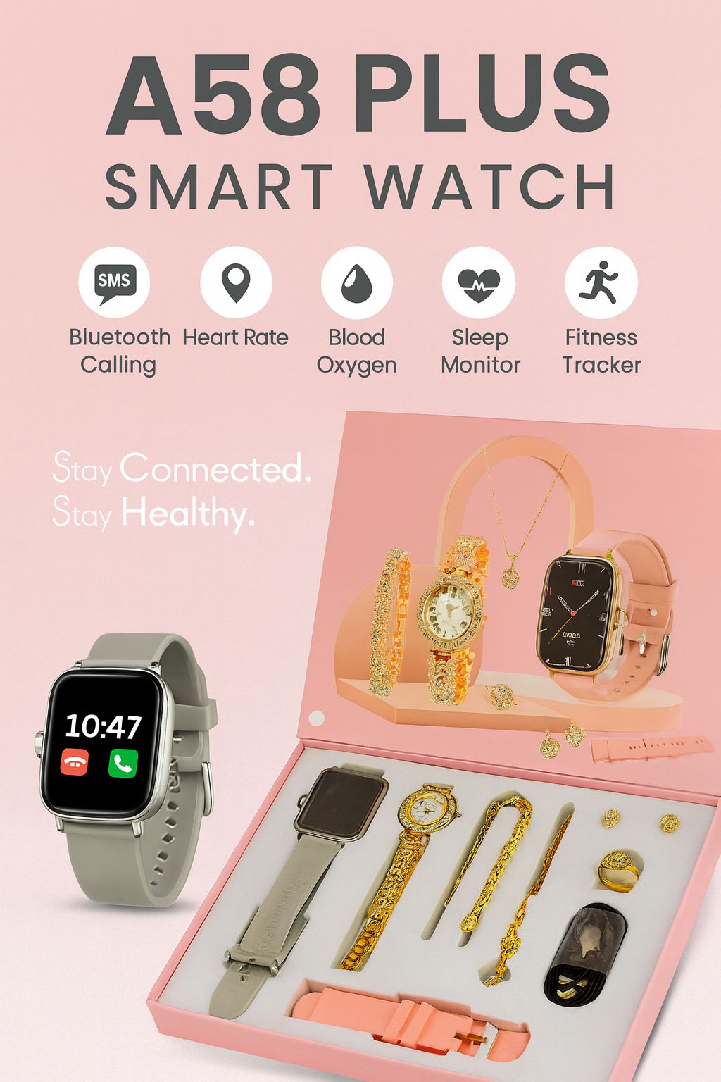 A58 Plus Smart Watch with Full Accessories – Bluetooth Calling, Heart Rate, Blood Oxygen, and Sleep Monitor | Fitness Tracker with SMS Notifications & Blood Pressure Sensor