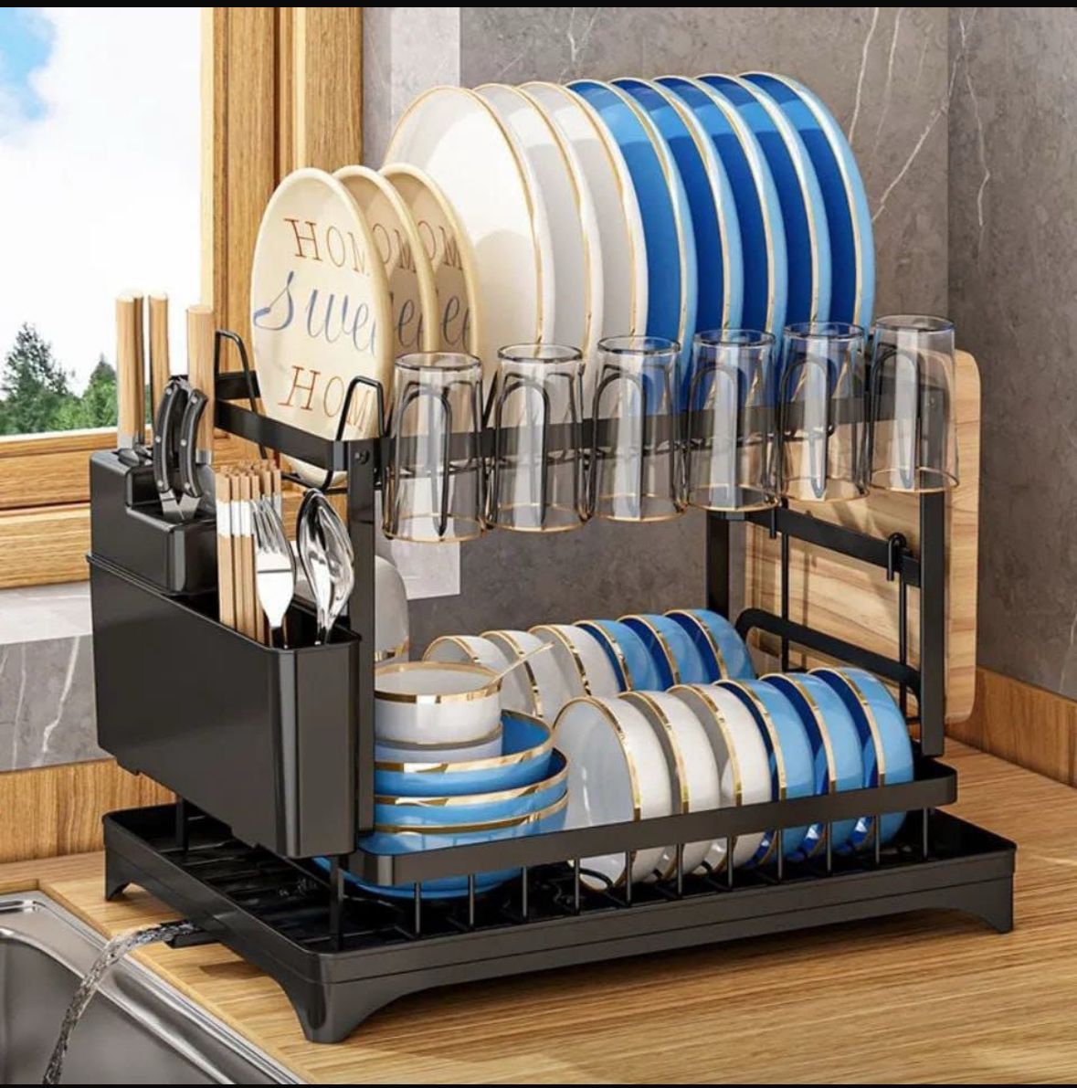 Carbon steel 2-Tier Dish Drying Rack – Space-Saving Steel Drainer with Side Cutlery Holder, Drain Tray & Anti-Rust Coating for Plates, Cups & Utensils