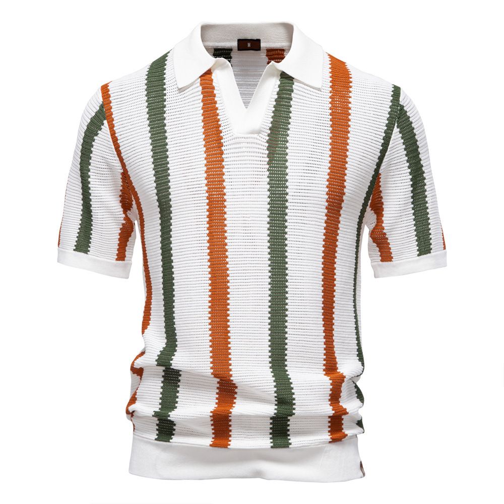 New breathable hollow men's short sleeved polo and striped knitted polo shirt for summer 2025