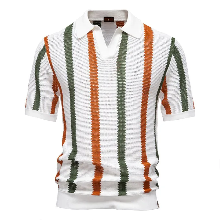 New breathable hollow men's short sleeved polo and striped knitted polo shirt for summer 2025