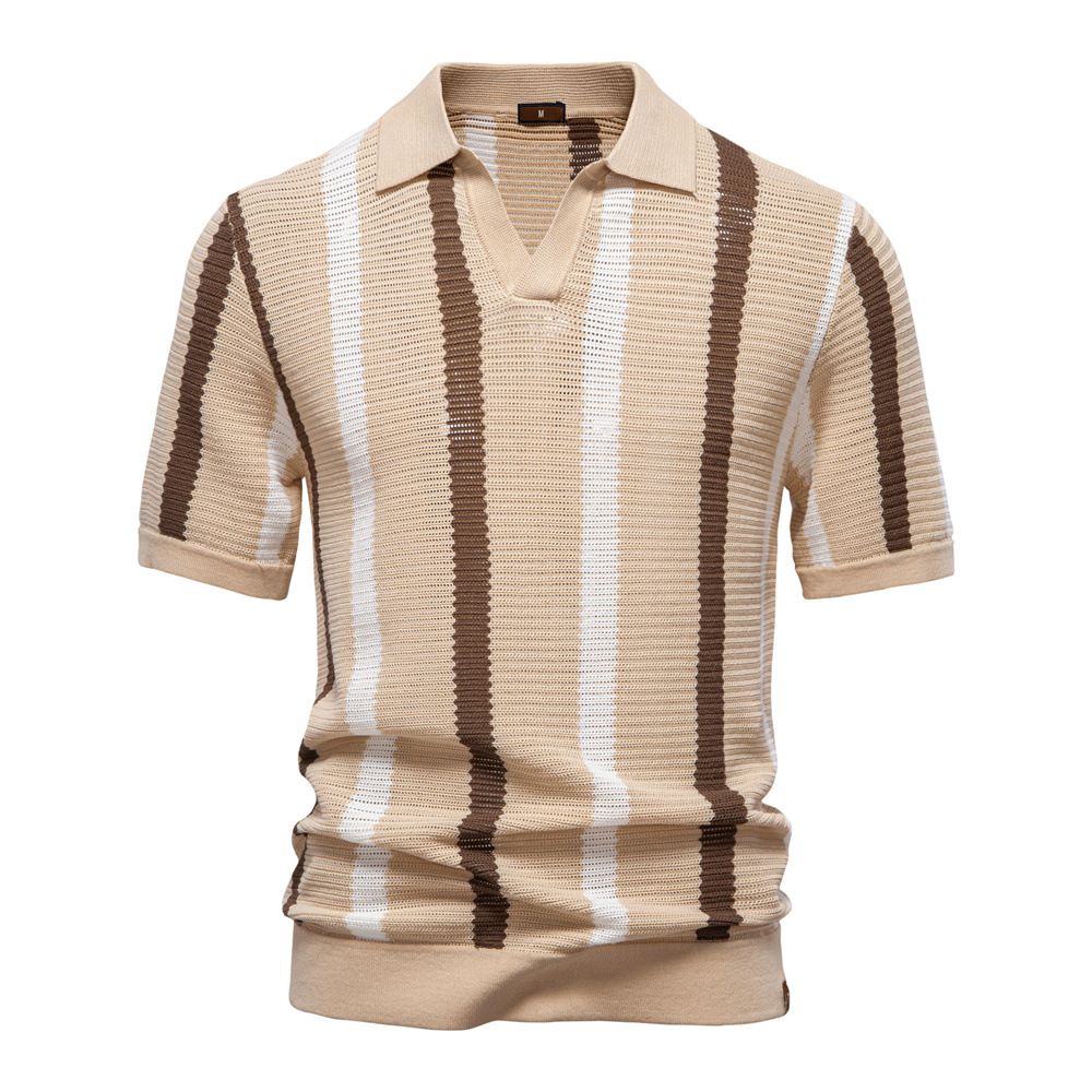 New breathable hollow men's short sleeved polo and striped knitted polo shirt for summer 2025