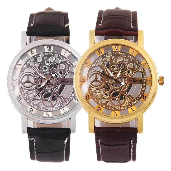Leisure English version non mechanical men's quartz watch, double-sided perspective hollow men's watch