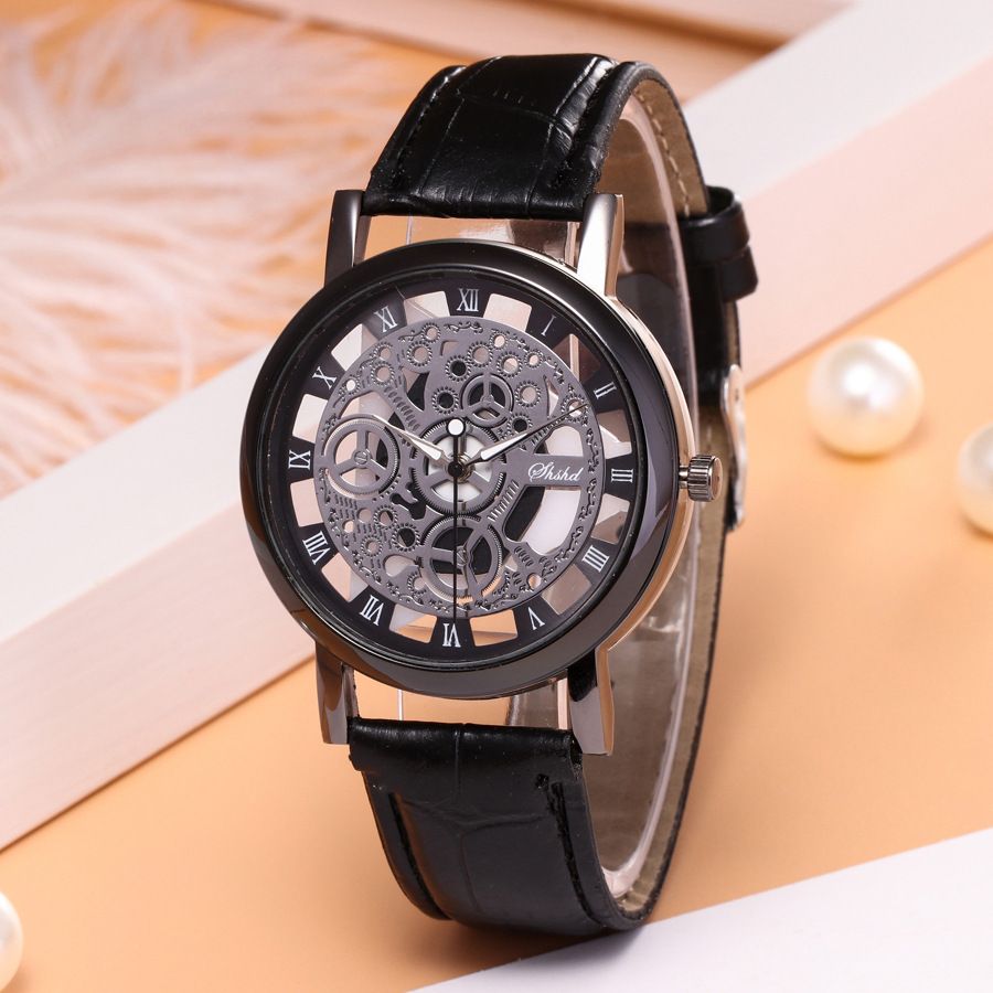 Leisure English version non mechanical men's quartz watch, double-sided perspective hollow men's watch