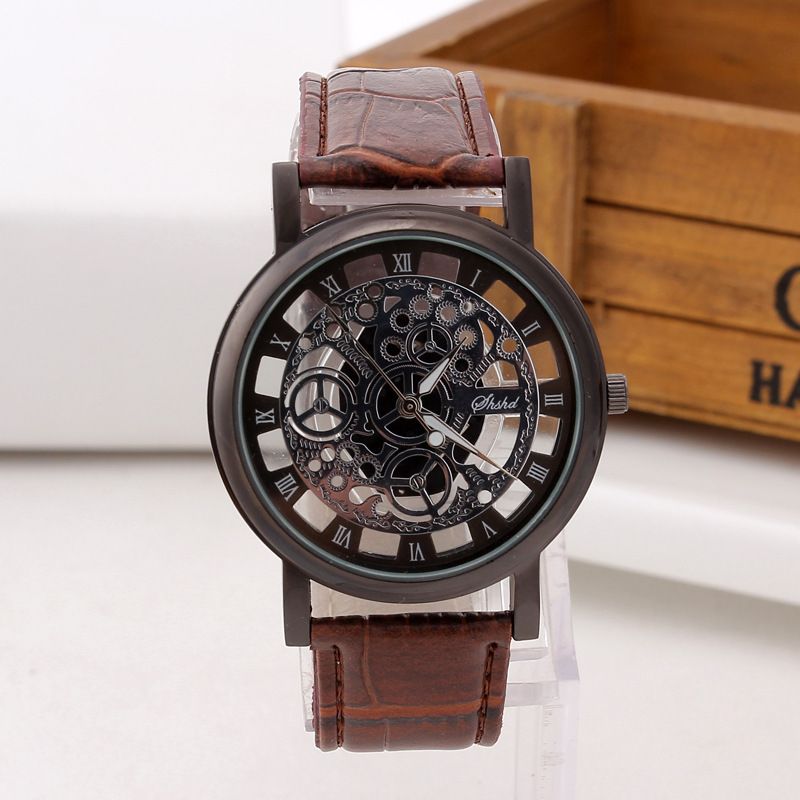 Leisure English version non mechanical men's quartz watch, double-sided perspective hollow men's watch