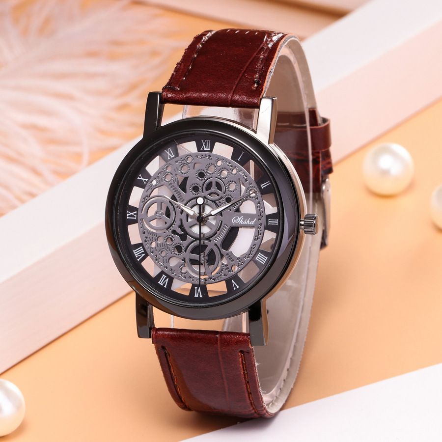 Leisure English version non mechanical men's quartz watch, double-sided perspective hollow men's watch