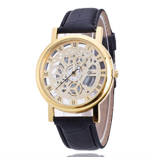 Leisure English version non mechanical men's quartz watch, double-sided perspective hollow men's watch