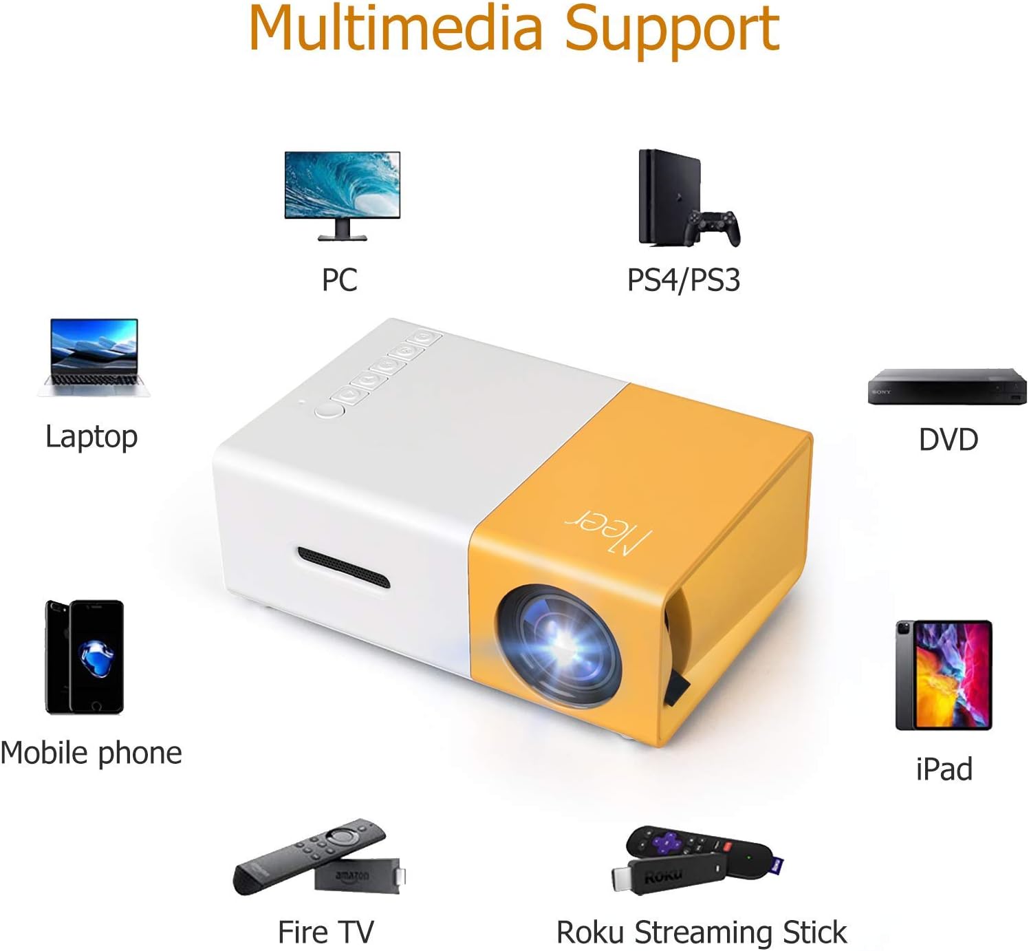 Mini projector, Meer portable Pico full-color LED LCD video projector, video TV movies, party games, outdoor entertainment, with HDMI USB AV interface and remote control
