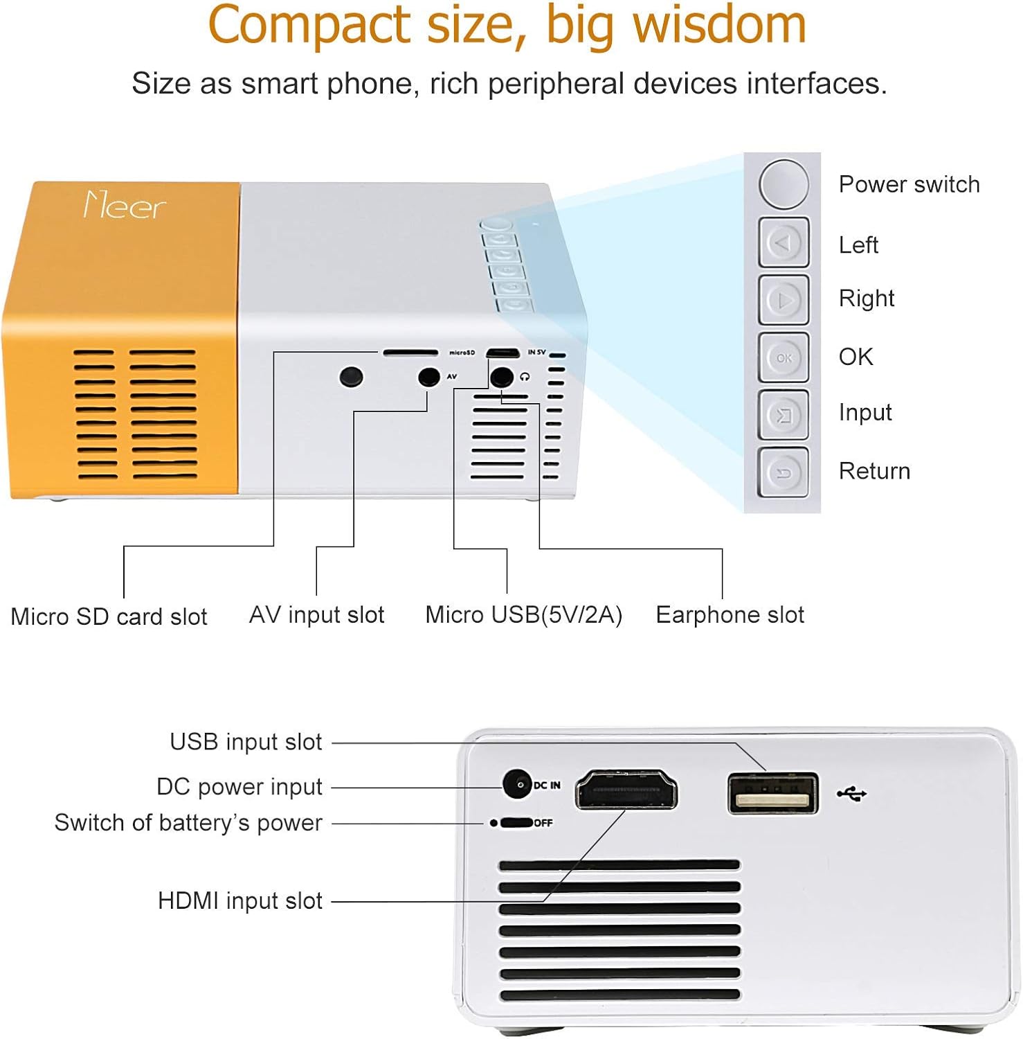Mini projector, Meer portable Pico full-color LED LCD video projector, video TV movies, party games, outdoor entertainment, with HDMI USB AV interface and remote control