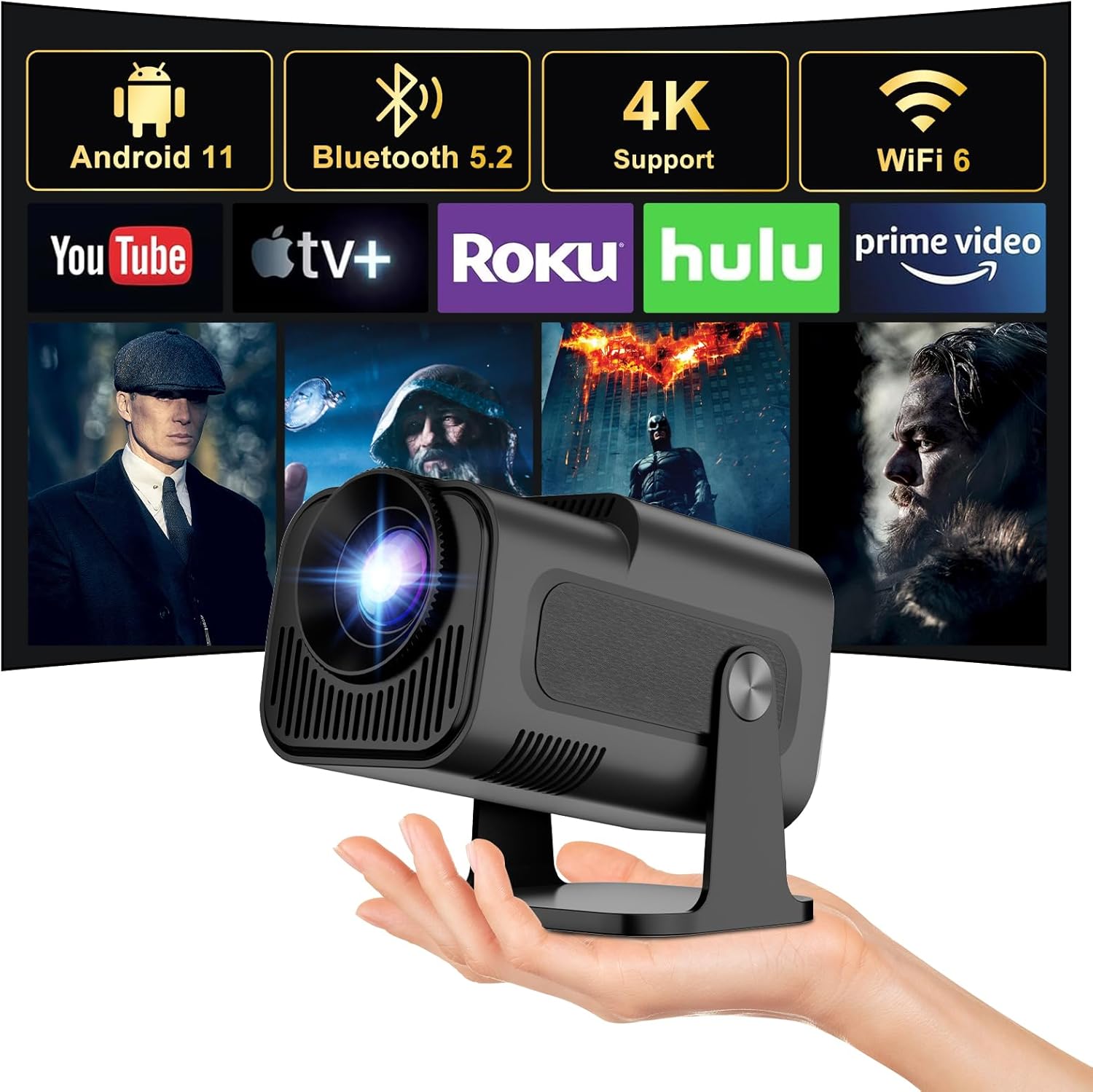 Eroshoo 2025 Upgraded Intelligent Projector 4K, HD1080P HY320 Mini Projector Android 11.0 Support, Portable Mini Projector with WiFi 6 BT5.2, Automatic Keystone Correction, Outdoor Projector Compatibl