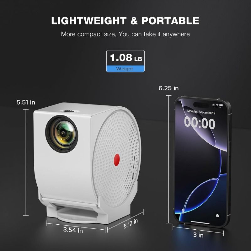 WiFi and Bluetooth projector, Android projector 4K portable video projector 270 ° adjustable, 400 ANSI lumens, automatic trapezoidal and focusing, outdoor movie projector