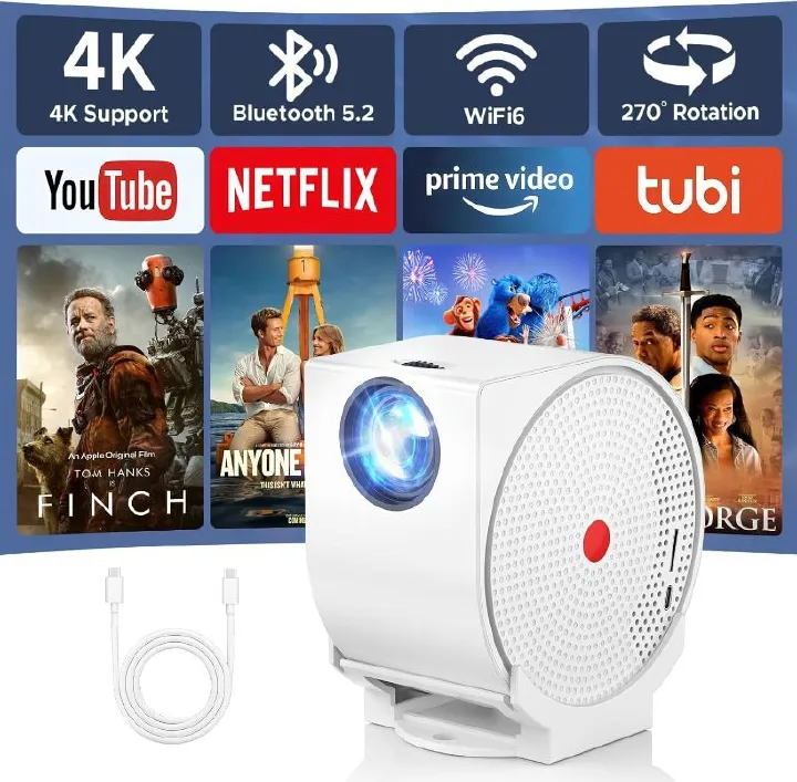 WiFi and Bluetooth projector, Android projector 4K portable video projector 270 ° adjustable, 400 ANSI lumens, automatic trapezoidal and focusing, outdoor movie projector