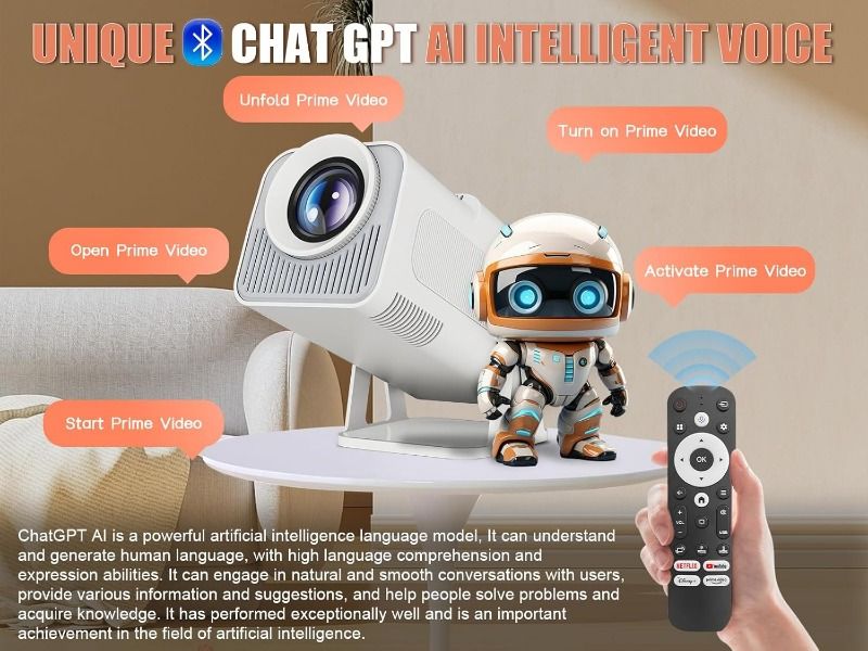 [Christmas Offer]]Upgraded HY320 Android Smart Projector 4K 320 ANSI Projector with WiFi Bluetooth, 180 ° Rotation, Automatic Keystone Correction, oice Assistant Portable Bedroom Video Projector