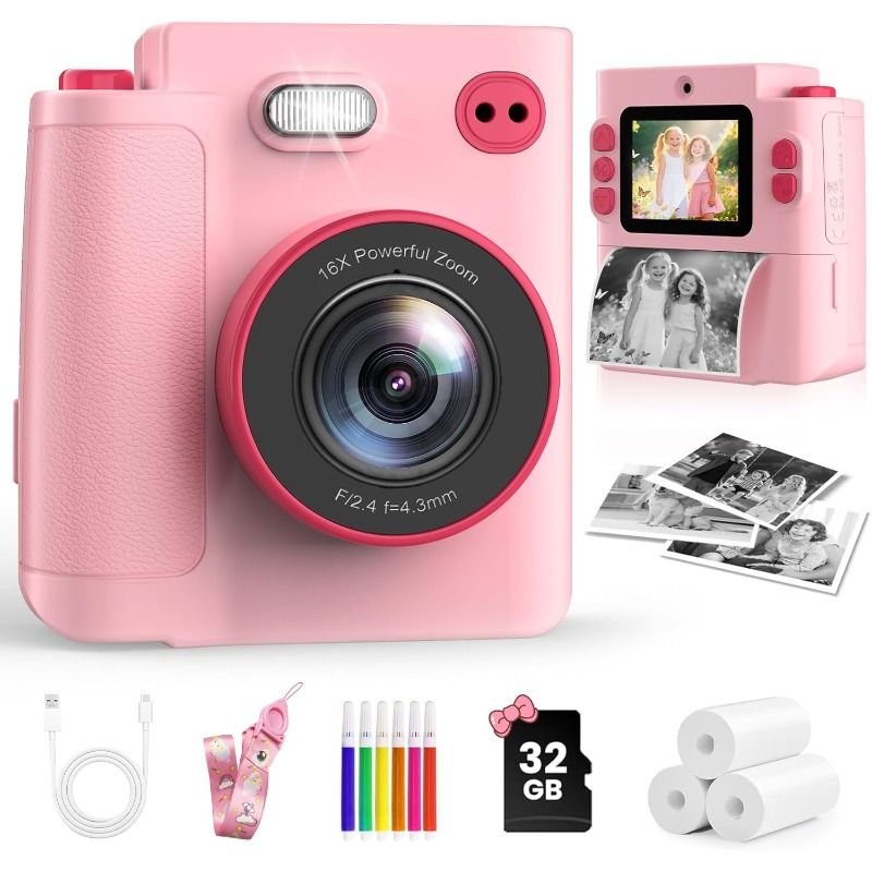 Instant printing camera, 1080P pixel instant camera, digital camera with 32GB card and 3 rolls of photo paper, for travel Household use Sending essential cameras to couples