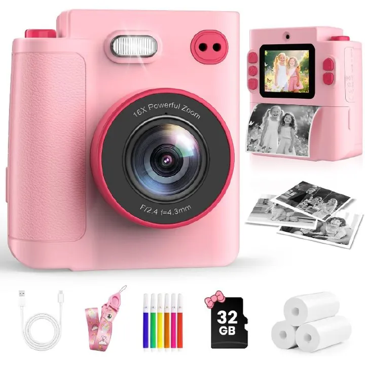 Instant printing camera, 1080P pixel instant camera, digital camera with 32GB card and 3 rolls of photo paper, for travel Household use Sending essential cameras to couples