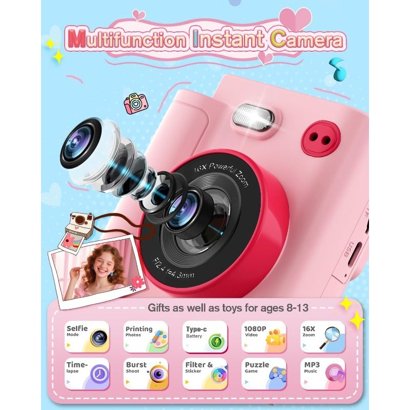Instant printing camera, 1080P pixel instant camera, digital camera with 32GB card and 3 rolls of photo paper, for travel Household use Sending essential cameras to couples