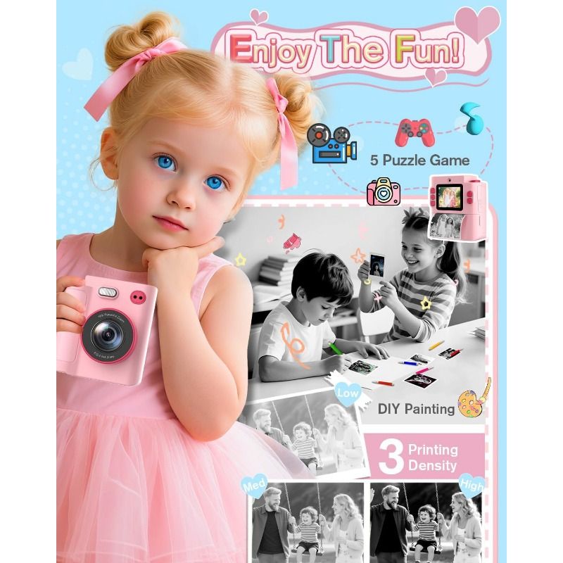 Instant printing camera, 1080P pixel instant camera, digital camera with 32GB card and 3 rolls of photo paper, for travel Household use Sending essential cameras to couples