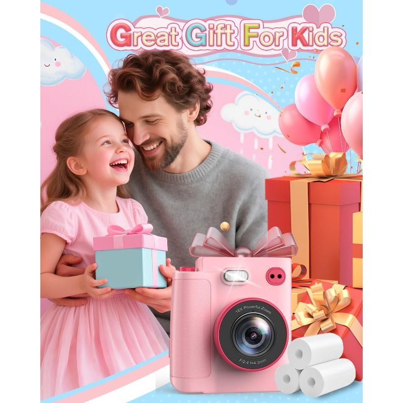 Instant printing camera, 1080P pixel instant camera, digital camera with 32GB card and 3 rolls of photo paper, for travel Household use Sending essential cameras to couples