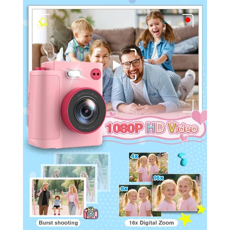 Instant printing camera, 1080P pixel instant camera, digital camera with 32GB card and 3 rolls of photo paper, for travel Household use Sending essential cameras to couples