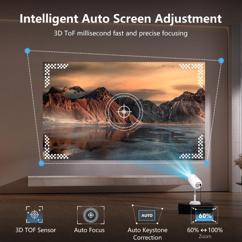 Flagship [3D TOF Auto Focus & Built-in Apps] VGKE Mini Projector, 16000Lumen 4K 1080p Support WiFi 6 Bluetooth, Auto Keystone, 90°Adjustable Liftable Portable Projector for Bedroom/Outdoor/iOS/Android