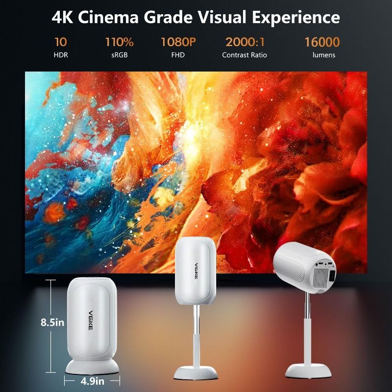 Flagship [3D TOF Auto Focus & Built-in Apps] VGKE Mini Projector, 16000Lumen 4K 1080p Support WiFi 6 Bluetooth, Auto Keystone, 90°Adjustable Liftable Portable Projector for Bedroom/Outdoor/iOS/Android