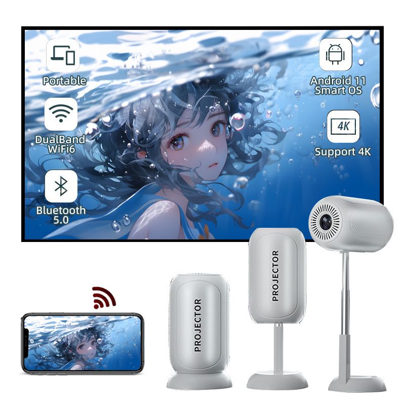 Flagship [3D TOF Auto Focus & Built-in Apps] VGKE Mini Projector, 16000Lumen 4K 1080p Support WiFi 6 Bluetooth, Auto Keystone, 90°Adjustable Liftable Portable Projector for Bedroom/Outdoor/iOS/Android