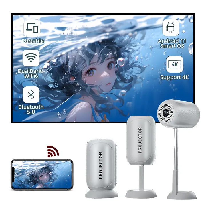 Flagship [3D TOF Auto Focus & Built-in Apps] VGKE Mini Projector, 16000Lumen 4K 1080p Support WiFi 6 Bluetooth, Auto Keystone, 90°Adjustable Liftable Portable Projector for Bedroom/Outdoor/iOS/Android