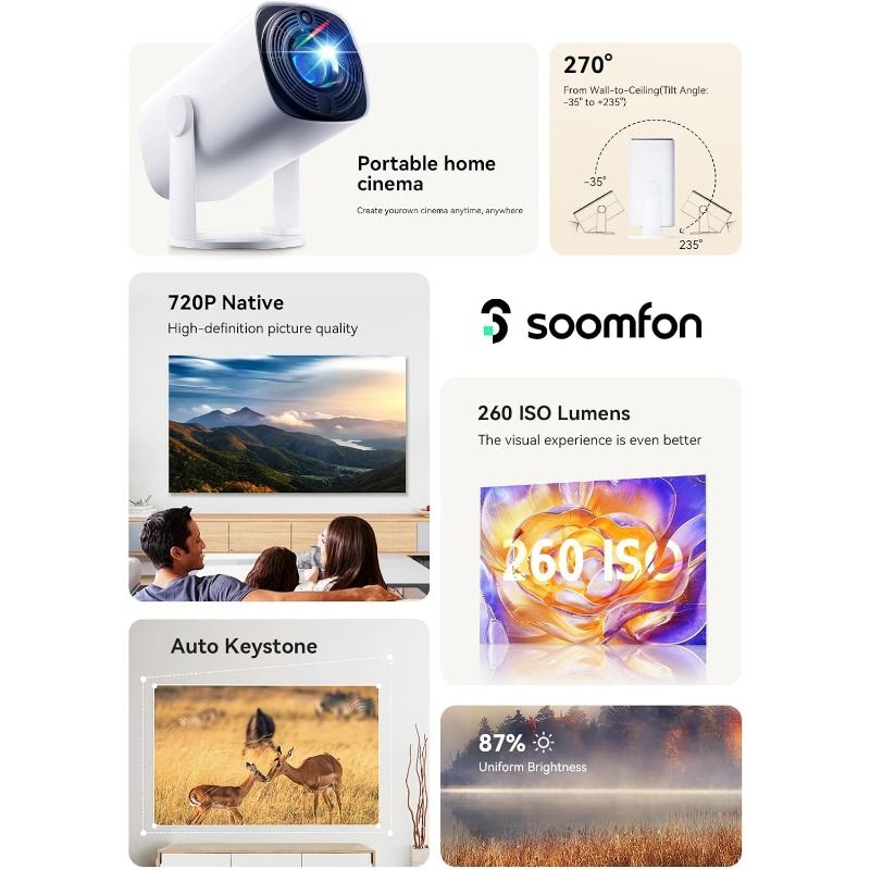 Mini Portable Projector 1080P Support - SOOMFON 720P Native Small TV Projector 270° Rotatable Auto Keystone, Bluetooth 5.1 for Bedroom/Home Cinema/Phone/TV Stick/USB/HDMI