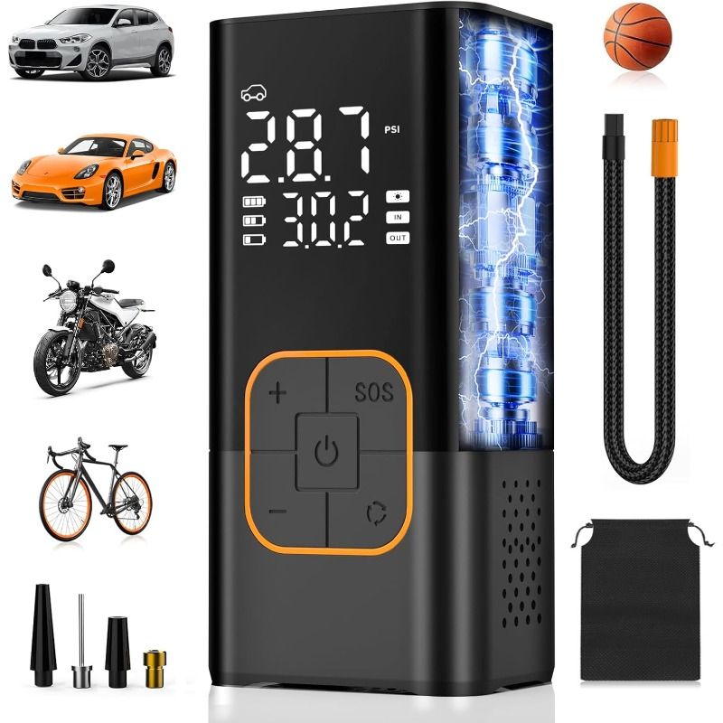 Tyre Inflator Air Compressor, Cordless Electric Car Tyre Pump & Bike Pump with Dual Values Display, Digital Pressure Gauge 150 PSI, LED Light, Portable Tyre Inflator for Car/Bicycle/Motocycle/Ball