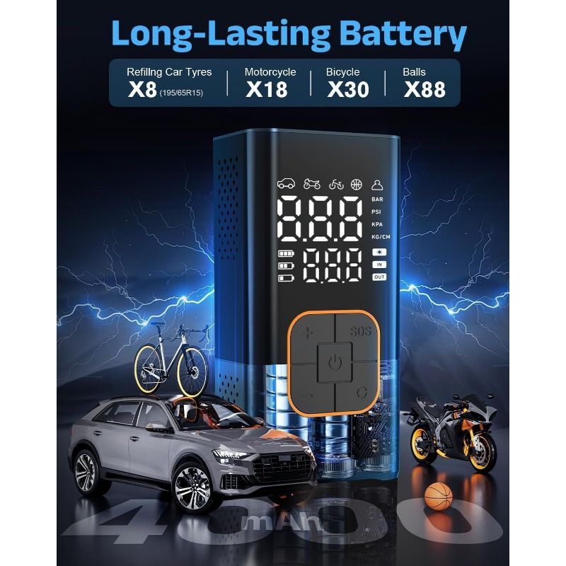 Tyre Inflator Air Compressor, Cordless Electric Car Tyre Pump & Bike Pump with Dual Values Display, Digital Pressure Gauge 150 PSI, LED Light, Portable Tyre Inflator for Car/Bicycle/Motocycle/Ball