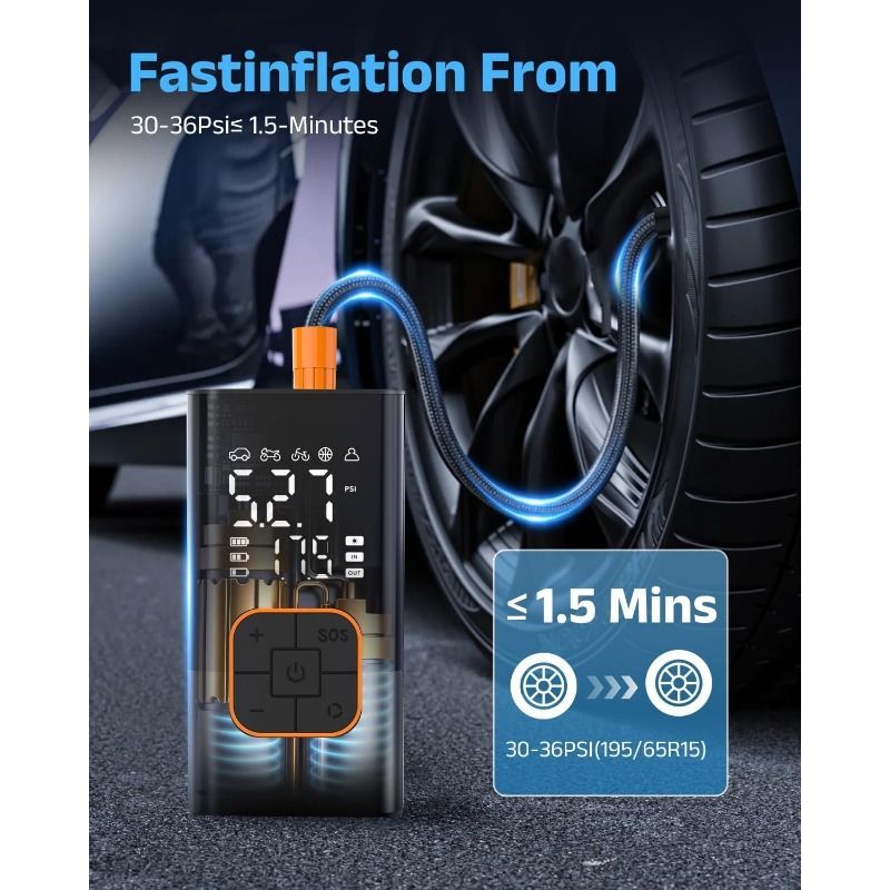 Tyre Inflator Air Compressor, Cordless Electric Car Tyre Pump & Bike Pump with Dual Values Display, Digital Pressure Gauge 150 PSI, LED Light, Portable Tyre Inflator for Car/Bicycle/Motocycle/Ball