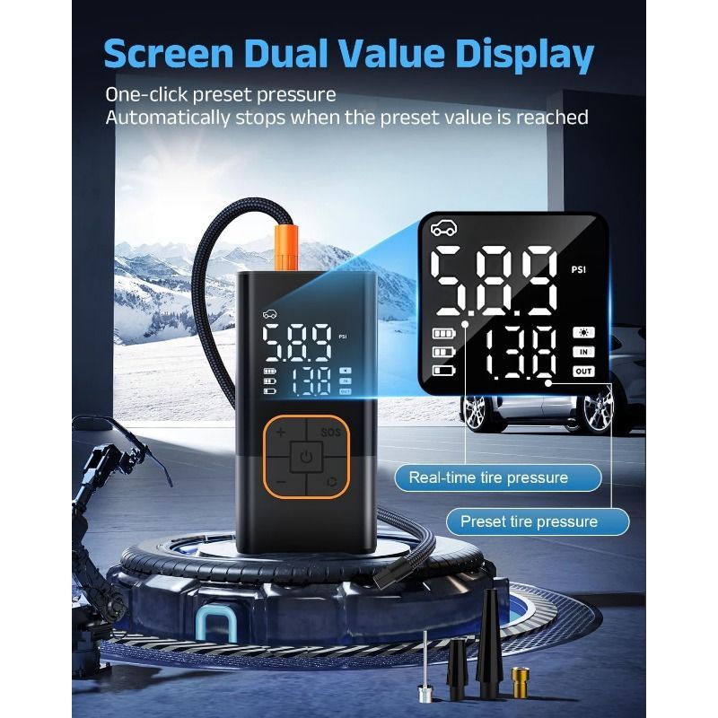 Tyre Inflator Air Compressor, Cordless Electric Car Tyre Pump & Bike Pump with Dual Values Display, Digital Pressure Gauge 150 PSI, LED Light, Portable Tyre Inflator for Car/Bicycle/Motocycle/Ball