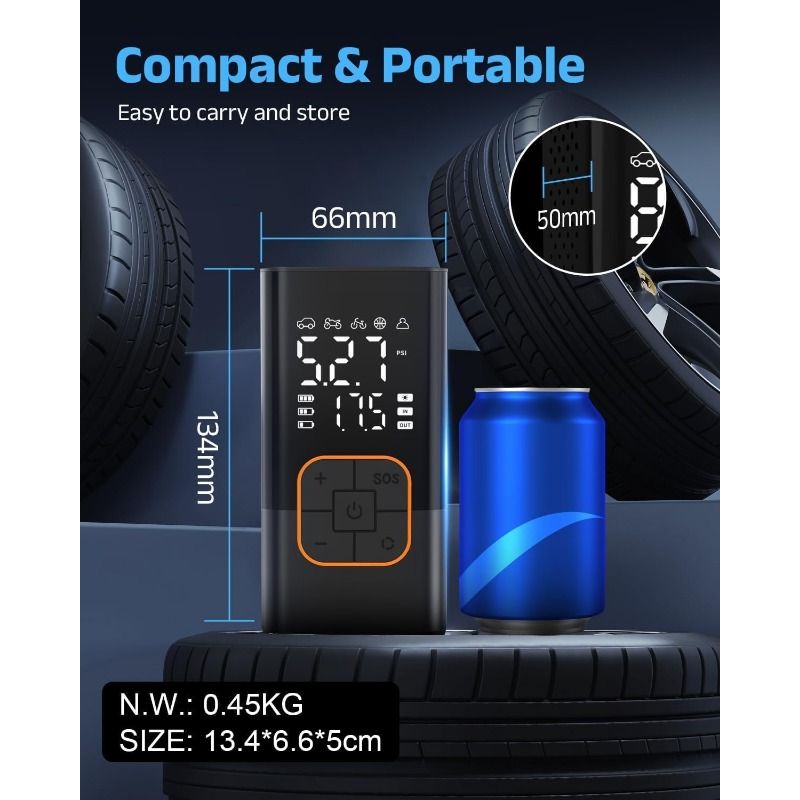 Tyre Inflator Air Compressor, Cordless Electric Car Tyre Pump & Bike Pump with Dual Values Display, Digital Pressure Gauge 150 PSI, LED Light, Portable Tyre Inflator for Car/Bicycle/Motocycle/Ball