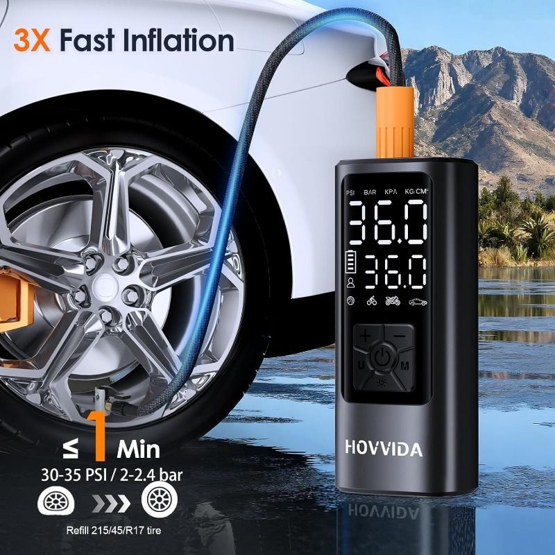HOVVIDA Tyre Inflator Portable Air Compressor, Cordless Car Tyre Inflator 150 PSI (10.3 Bar) 5V, Fast Inflation, Auto Shut-Off, 5200 mAh, LED, as Power Bank, for Car, Motorcycle, Bike, Ball