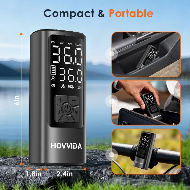 HOVVIDA Tyre Inflator Portable Air Compressor, Cordless Car Tyre Inflator 150 PSI (10.3 Bar) 5V, Fast Inflation, Auto Shut-Off, 5200 mAh, LED, as Power Bank, for Car, Motorcycle, Bike, Ball