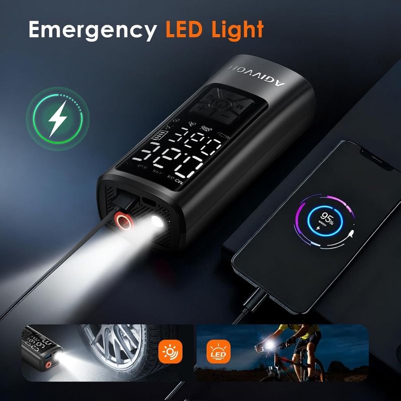 HOVVIDA Tyre Inflator Portable Air Compressor, Cordless Car Tyre Inflator 150 PSI (10.3 Bar) 5V, Fast Inflation, Auto Shut-Off, 5200 mAh, LED, as Power Bank, for Car, Motorcycle, Bike, Ball