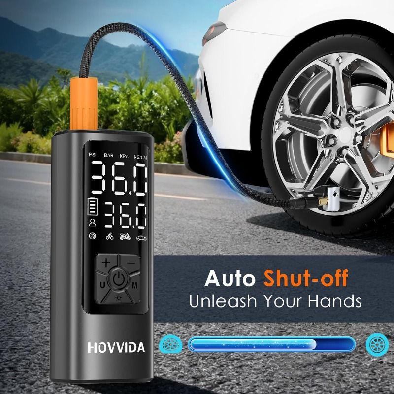 HOVVIDA Tyre Inflator Portable Air Compressor, Cordless Car Tyre Inflator 150 PSI (10.3 Bar) 5V, Fast Inflation, Auto Shut-Off, 5200 mAh, LED, as Power Bank, for Car, Motorcycle, Bike, Ball