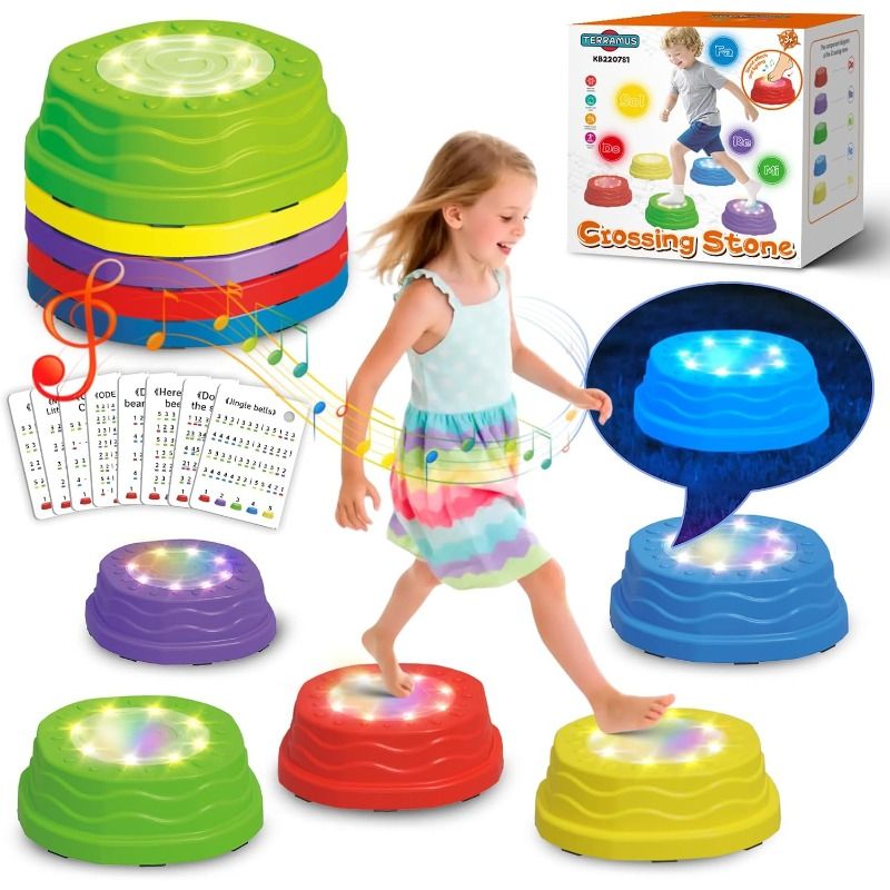 Light up & Sound Stepping Stones for Kids, Toddler Sensory Toys Jump Balance Stones for Autism, 5 PCS Obstacle Course Indoor & Outdoor Equipment Improve Coordination, Gifts for Boys Girls 3+