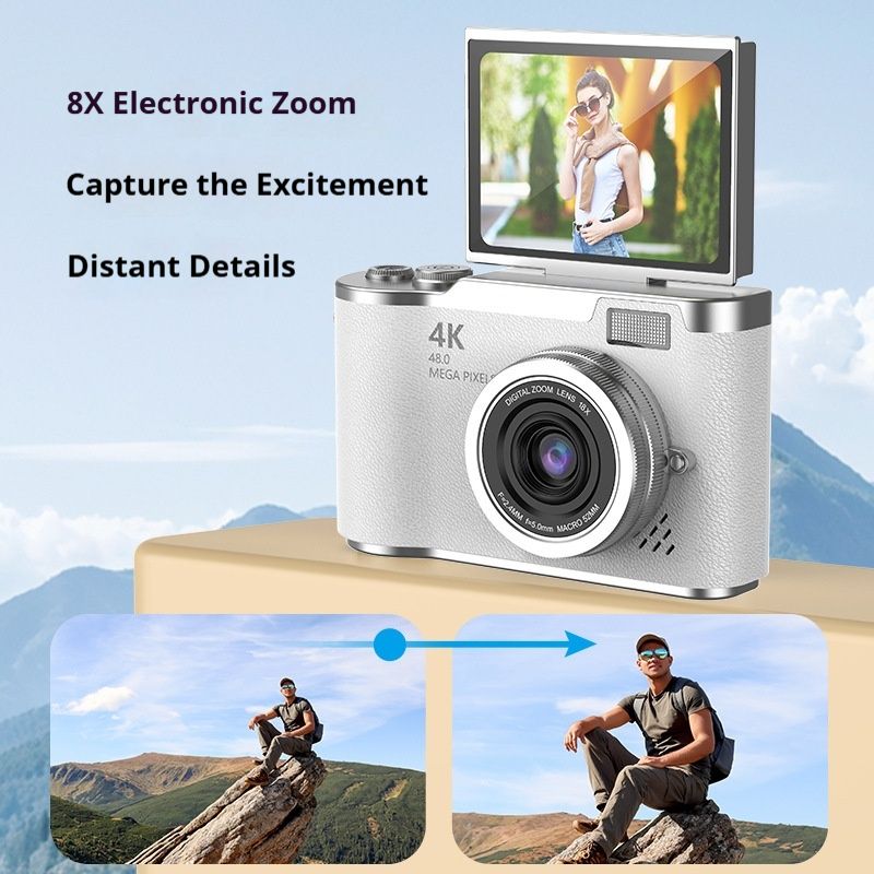 Comes with a 32GB storage card as a gift card reader. adapter. Charging cable: 4K CCD digital camera, autofocus camera, 2.4-inch 180 ° flip screen, used for point-to-point shooting of travel compact