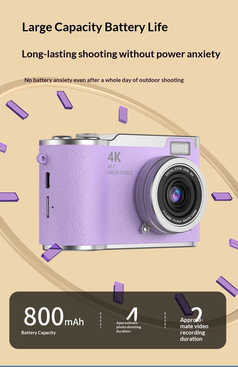 Comes with a 32GB storage card as a gift card reader. adapter. Charging cable: 4K CCD digital camera, autofocus camera, 2.4-inch 180 ° flip screen, used for point-to-point shooting of travel compact