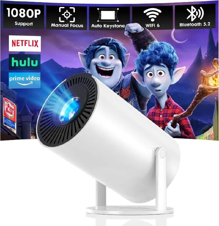 【Android 14 & Built-in Apps】Tecaki Mini Projector, Portable Projector with WiFi 6 and Bluetooth 5.2, 180° Rotatable Support 1080P with Auto Keystone for Home Bedroom Compatible with TV Stick/HDMI/USB